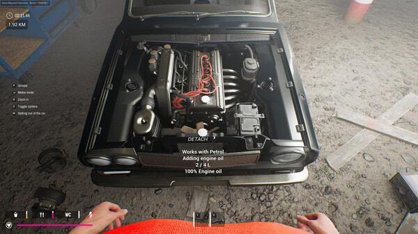 Screenshot from Drive Beyond Horizons showing a car engine being serviced in a garage with various tools scattered around.