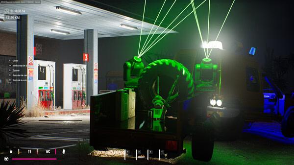 A screenshot from Drive Beyond Horizons showing a vehicle with bright green lights parked near a gas station at night.