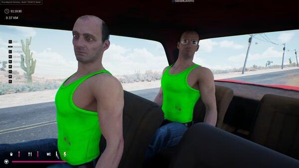 Screenshot from Drive Beyond Horizons showing two passengers in bright green tank tops seated inside a car driving on a desert road.
