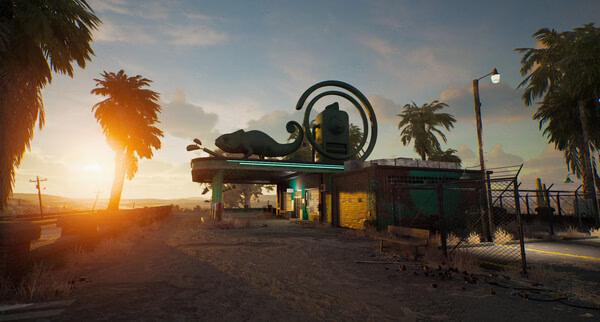 Screenshot from Drive Beyond Horizons showing a retro gas station at sunset, surrounded by palm trees and a deserted landscape.
