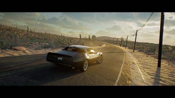 A screenshot from Drive Beyond Horizons showing a classic car driving on a deserted, sunlit road surrounded by desert scenery.