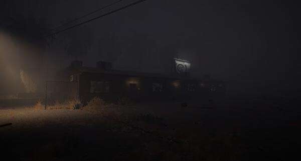 Screenshot from Drive Beyond Horizons: A foggy, dimly lit scene with a shadowy building and palm trees in the background.