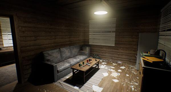 Screenshot from Drive Beyond Horizons showing a dimly lit cabin interior with a couch, coffee table, and scattered papers on the floor.