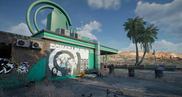 Screenshot from Drive Beyond Horizons showing a deserted gas station with graffiti, palm trees, and a vast desert landscape.