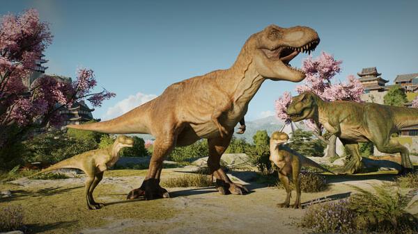 Screenshot from Jurassic World Evolution 3 showing a group of dinosaurs, including T-rexes and smaller species, in a scenic environment.