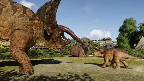Screenshot from Jurassic World Evolution 3 showing a large dinosaur facing a smaller one on a sunlit grassy area.