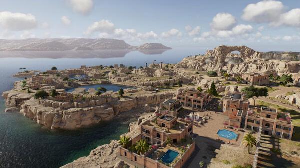 Screenshot from Jurassic World Evolution 3 showing a scenic desert park with buildings, pools, and rocky landscapes near a waterfront.