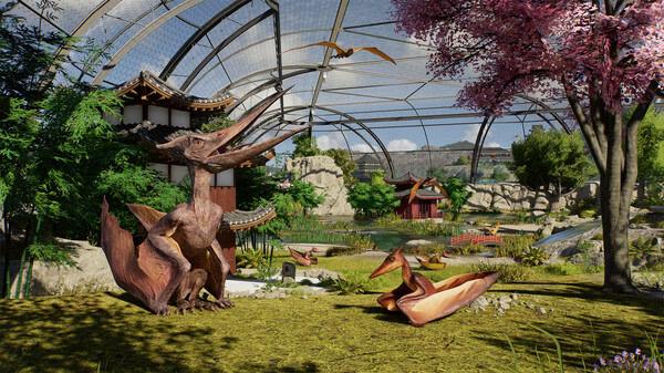 A screenshot from Jurassic World Evolution 3 shows pterosaurs resting in a lush, enclosed habitat with cherry blossoms.