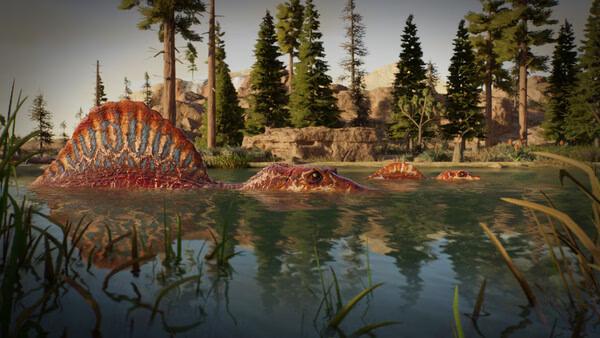 A Jurassic World Evolution 3 screenshot showing two Spinosaurus wading in a forested lake surrounded by trees and greenery.