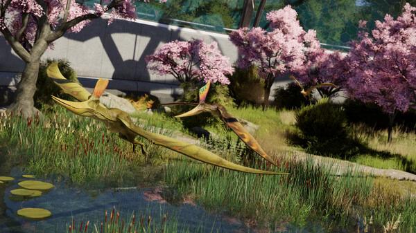 Screenshot from Jurassic World Evolution 3 showing pterosaurs flying over a pond surrounded by pink blossom trees.
