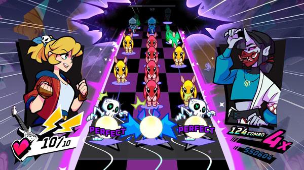 Screenshot of Rift of the NecroDancer showing characters battling on a rhythm game board with colorful effects and combo scores.