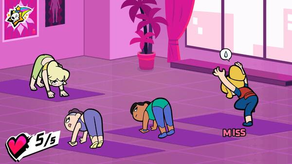 Screenshot from Rift of the NecroDancer showing cartoon characters doing yoga poses in a vibrant pink room.