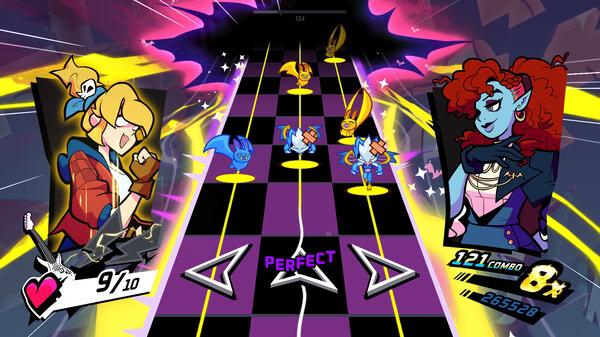 Screenshot from Rift of the NecroDancer showing rhythm-based gameplay with colorful characters and combo scores.
