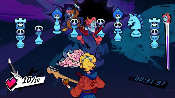 Rift of the NecroDancer screenshot: A player faces blue chess piece enemies with a guitar, displaying health and time.