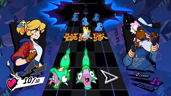 Screenshot from Rift of the NecroDancer showing two characters facing off on a colorful rhythm-based game board.