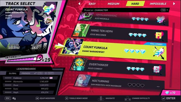 Screenshot of Rift of the NecroDancer track selection menu featuring Count Funkula with stats and difficulty options displayed.