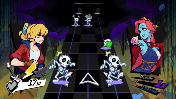 Screenshot from Rift of the NecroDancer showing a player facing skeletons on a grid while a character holds a rose on the side.