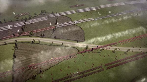 Screenshot from Master of Command showing a strategic battlefield with troops lined up, smoke rising, and a dirt road crossing the scene.