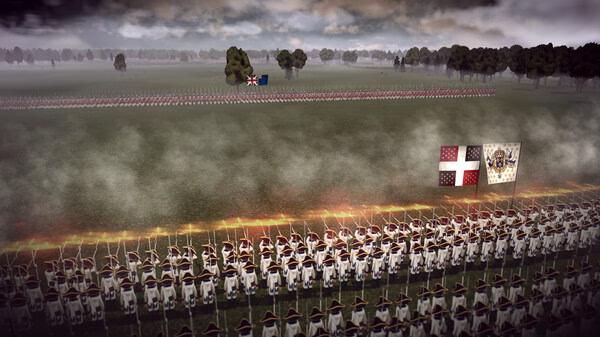 Screenshot from Master of Command: Two large armies face each other on a misty battlefield, with flags prominently displayed.