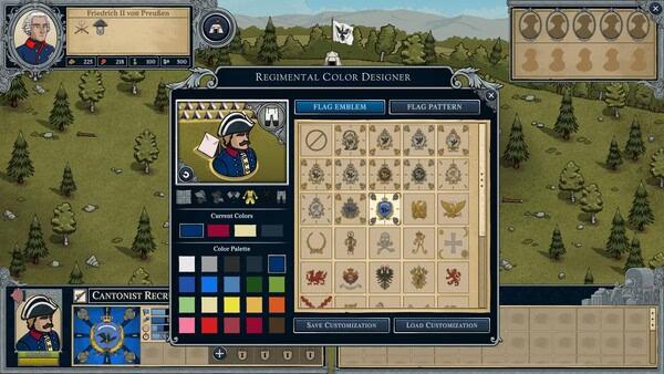 Screenshot from Master of Command showing the Regimental Color Designer interface, with options for customizing flag emblems and patterns.