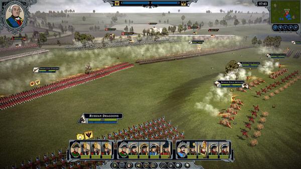 Screenshot from Master of Command showing a battlefield scene with armies in formation, smoke from musket fire, and unit icons visible.
