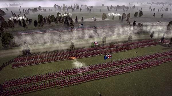 Screenshot from Master of Command showing large-scale battlefield with rows of soldiers and flags in a foggy, wooded landscape.