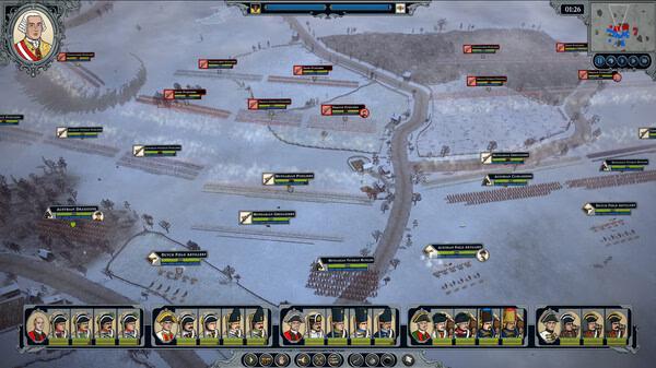 Screenshot from Master of Command showing an army formation on a snowy battlefield with various unit icons and character portraits.