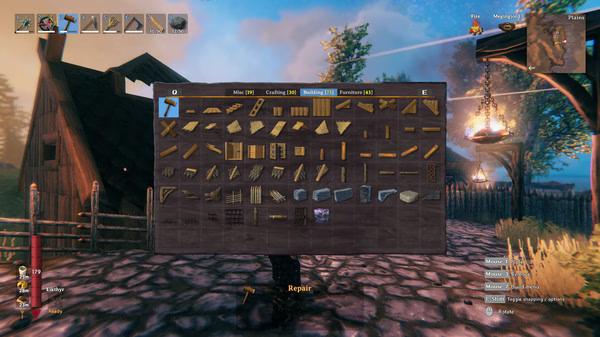 Valheim screenshot: A player opens the building menu in front of a wooden house, displaying various construction options.