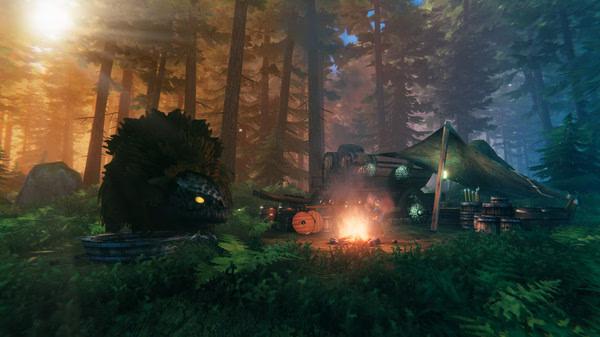 A Valheim screenshot showing a serene forest camp with a tent, campfire, barrels, and a tree-covered landscape in the background.