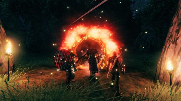 Valheim screenshot: Three armored characters approach a glowing red portal, surrounded by torches and a dark forest setting.