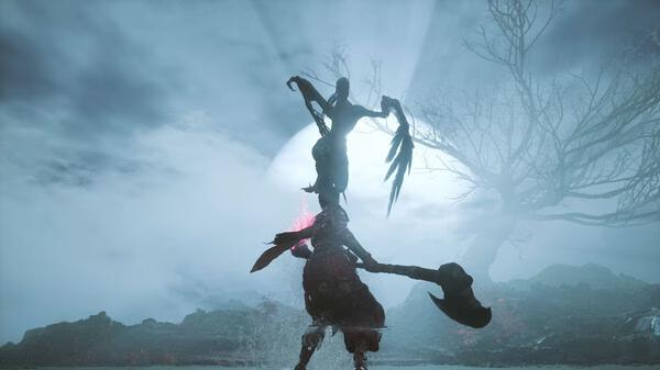 WUCHANG: Fallen Feathers screenshot showing a warrior with a large axe facing a ghostly figure under a cloudy sky.