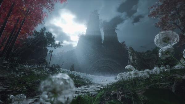 Screenshot from WUCHANG: Fallen Feathers showing a mystical landscape with towering mountains and glowing red trees.