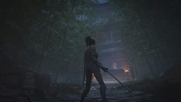 Screenshot from "WUCHANG: Fallen Feathers" showing a warrior holding a sword, standing in a bamboo forest before a lit temple.