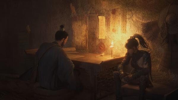 Screenshot from WUCHANG: Fallen Feathers showing two characters seated at a dimly lit table with scrolls and a candle.