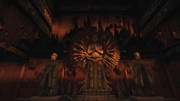Screenshot of WUCHANG: Fallen Feathers showing a grand, ornately detailed statue with surrounding figures in a dimly lit room.