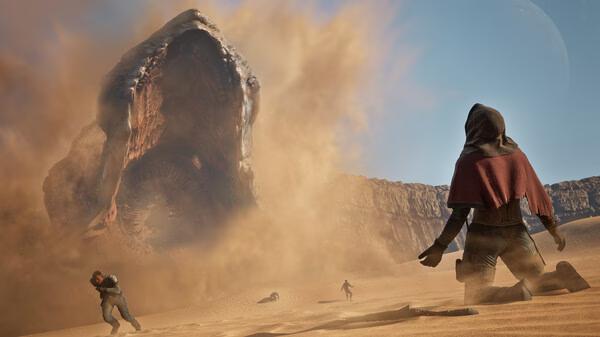 Screenshot from Dune: Awakening showing a massive sandworm emerging in a desert as characters react to its appearance.