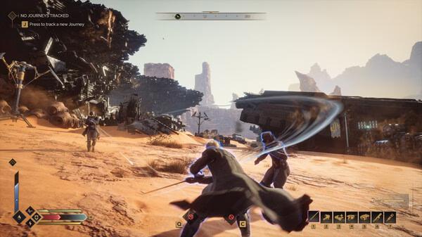 Dune: Awakening screenshot showing two characters in combat with glowing weapons in a desert landscape near futuristic structures.