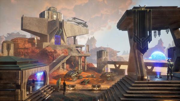 A screenshot from Dune: Awakening showing futuristic buildings, glowing orbs, and characters in a desert landscape.