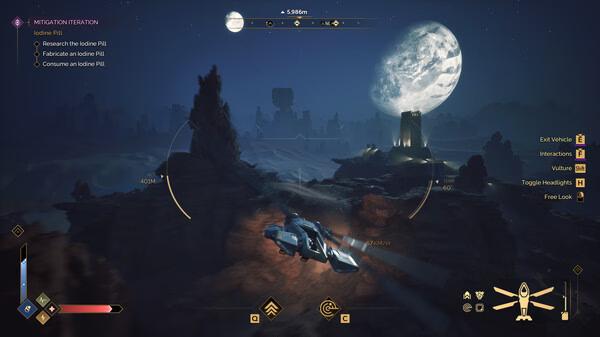 A screenshot from Dune: Awakening shows a futuristic aircraft flying over a desert landscape under a large moonlit sky.