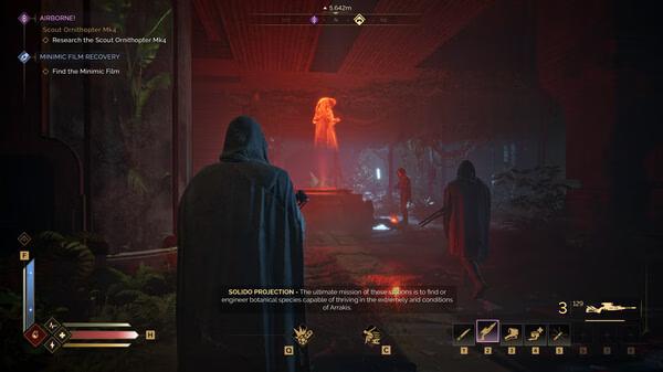 Screenshot from Dune: Awakening showing robed figures exploring a dimly lit, mysterious hall with a glowing hologram.