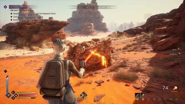 Screenshot from Dune: Awakening showing a character scanning glowing rocks in a desert landscape with red cliffs in the background.