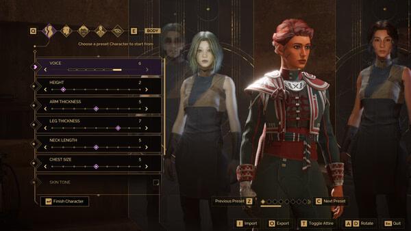 Screenshot from 'Dune: Awakening' showing character customization options with sliders and three character models in view.