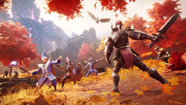 RuneScape: Dragonwilds screenshot featuring armored characters and creatures against a vibrant autumn forest backdrop.