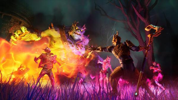 Screenshot from RuneScape: Dragonwilds showing a player battling a giant, colorful monster surrounded by fiery, glowing creatures.