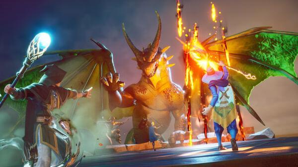 A RuneScape: Dragonwilds screenshot showing players battling a fire-breathing dragon with glowing wings and magical weapons.