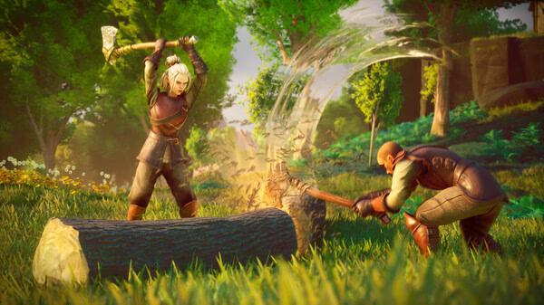 Screenshot from RuneScape: Dragonwilds showing two characters chopping a large log in a lush, sunlit forest setting.