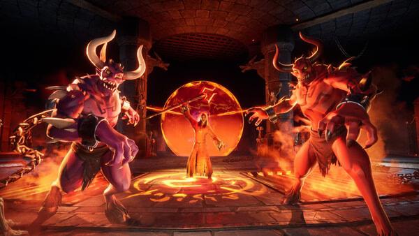 Screenshot from RuneScape: Dragonwilds showing a mage surrounded by fiery runes, facing two horned demons in a dark chamber.