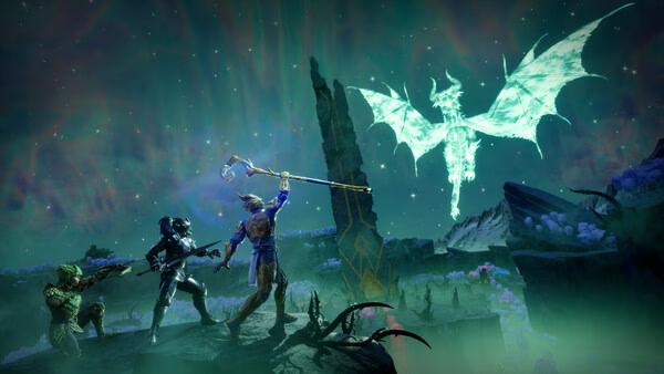 A RuneScape: Dragonwilds screenshot showing three adventurers facing a glowing dragon in a mystical, colorful landscape.