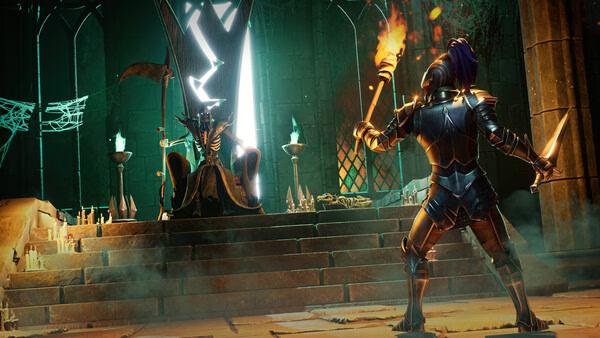 Screenshot from RuneScape: Dragonwilds showing an armored player facing a skeletal enemy on a throne in a dimly lit chamber.