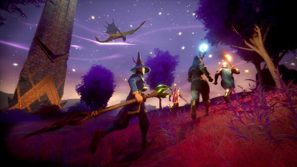 Screenshot from RuneScape: Dragonwilds showing wizards with glowing staffs approaching a tower under a starry sky with dragons flying.